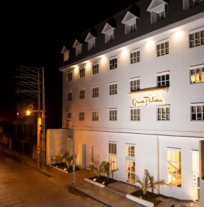 万卡约万卡约帕尔马酒店的白色的建筑,晚上有标志
