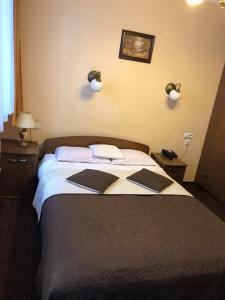 什切青普德赛酒店的卧室配有一张床,墙上挂着两盏灯