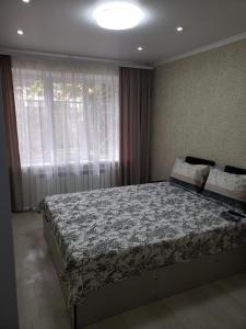 基希讷乌Apartament Chisinau str.Cuza Voda的卧室在窗户前配有一张大床