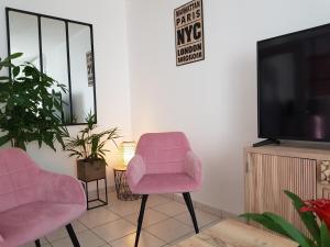 昂热Le Pompidou T2 pour 2 à 4 pers avec parking privé & balcon Place Ney的客厅配有2把粉红色的椅子和电视