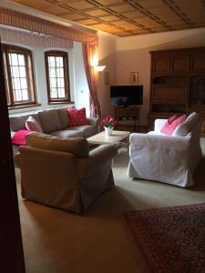 玛利亚采尔Villa Tadina Ferienwohnungen Mariazell的带沙发和粉红色枕头的客厅