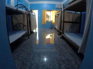 科隆Carillo guest house的蓝色客房设有两张双层床和走廊