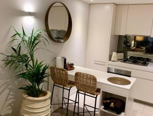 墨尔本Boutique Abode 314的厨房配有带椅子和植物的柜台