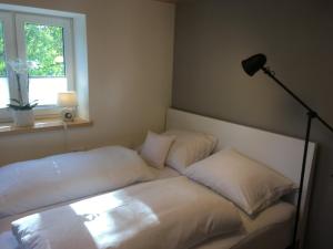 格齐斯Wohnung in zentraler Lage im Rheintal的一张床上有两个枕头的房间