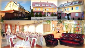 基什孔弗莱吉哈佐奥兹斯艾特姆酒店的餐厅四张照片,配有桌椅