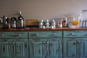 门多萨西耶娜酒店的一个带绿柜和杯子的厨房台