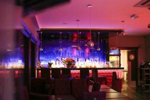 塞伊内Hotel Skarpa的餐厅内的酒吧拥有紫色的灯光