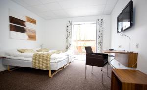 Hurup特宁格加德酒店的一间卧室配有一张床、一张书桌和一台电视