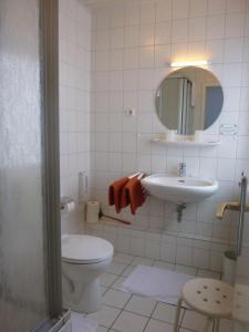 耶弗尔Hotel-Pension Stöber的一间带卫生间、水槽和镜子的浴室