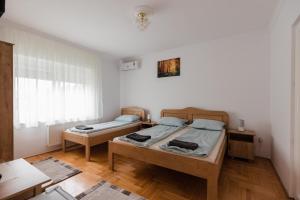 韦切什Airport Jazmin Guesthouse的客房设有两张床、一张桌子和一个窗户。