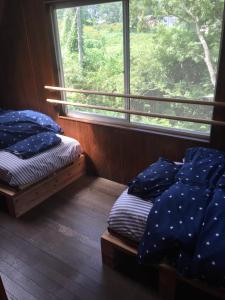 南阿苏村Codona Hütte的带窗户的客房内设有两张单人床。