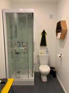勒芒L'Atelier的一间带卫生间和玻璃淋浴间的浴室