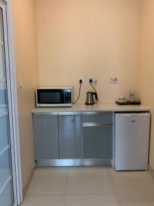 哈博罗内Bannerloft Guest house的厨房配有微波炉和冰箱。