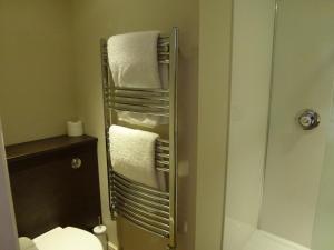 海斯船屋酒店的带淋浴、卫生间和毛巾的浴室