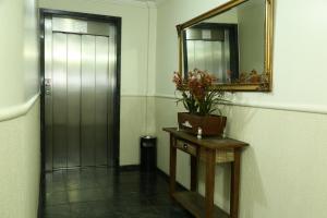 巴西利亚麦克斯酒店的走廊上设有镜子和盆栽桌子