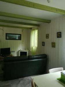 Le Mée杜浅眉木屋度假屋的客厅配有黑色沙发和窗户