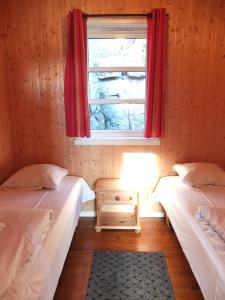 卡伯尔沃格Tyskhella Rorbuer的带窗户的客房内设有两张单人床。
