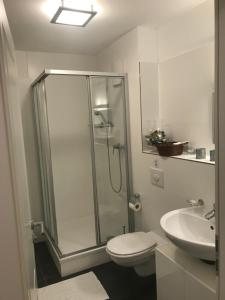 慕尼黑Helle Souterrainwohnung mit Komfort的带淋浴、卫生间和盥洗盆的浴室