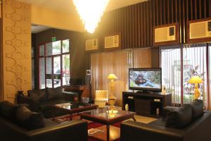 亚松森Gran Hotel Parana的客厅配有真皮沙发和电视
