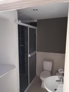 卡塔赫纳曼萨尼约海滩酒店的浴室配有卫生间、盥洗盆和淋浴。