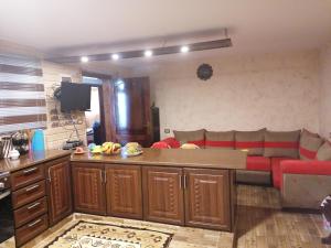 阿杰隆Mhna guest house的厨房以及带沙发和桌子的客厅。