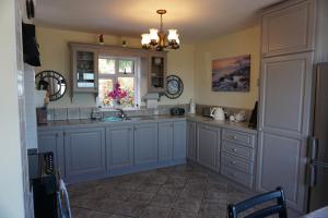 多尼戈尔Lighthouse Cottage的厨房配有蓝色橱柜、水槽和窗户。