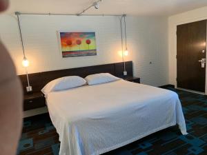 博尔德城金沙汽车旅馆的一间卧室配有一张带两盏灯的大型白色床。