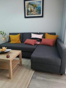 萨拉戈萨Cesar Augusto House的客厅配有蓝色沙发及色彩缤纷的枕头