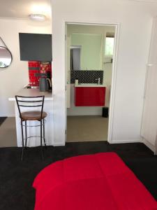 阿卡罗阿Hideaway - A Couples Retreat的一间铺有红色地毯的客厅和一间厨房