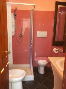 维耶斯泰B&B Villa Carla的带淋浴、卫生间和盥洗盆的浴室