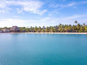 马洛洛莱莱种植园岛度假酒店的享有棕榈树和蓝色海水海滩的美景