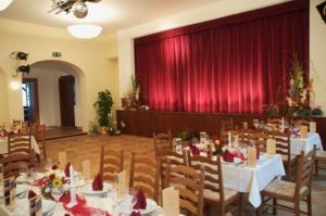 施托尔彭Hotel Goldner Löwe的配有桌椅和红色窗帘的房间