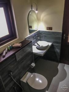 锡吉里亚Lankapura Heritage的一间带水槽、卫生间和镜子的浴室