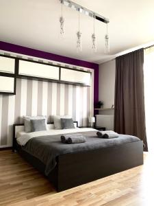 卢布林Pokoje Rezydencja Parysa的一间卧室设有一张紫色墙壁的大床