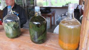卢那欢纳归扎多波蒂略庄园度假村的木桌旁的两瓶酒