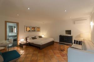 德尼亚努乌罗马酒店的一间卧室配有一张床、一张沙发和一台电视。