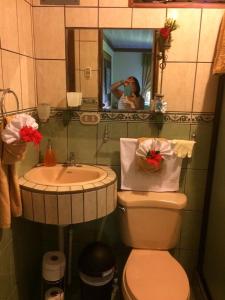 蓬塔雷纳斯Villa Guarias的男人拍着带卫生间和水槽的浴室的照片