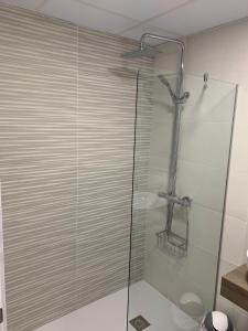 阿尔卡尼斯Apartamentos Mequedo的浴室里设有玻璃门淋浴