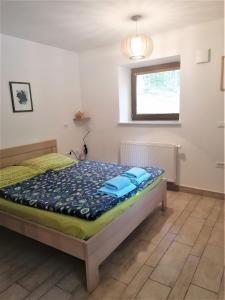 GoreljekApartments Villa Vesna Pokljuka的一间卧室配有一张带蓝色毛巾的床