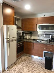 拉拉古纳La Laguna Luxe Apartment的厨房配有木制橱柜和白色冰箱。