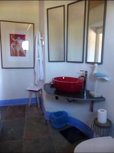 波塔莱格雷Herdade da Carapuça的一个带红色碗水槽的柜台浴室
