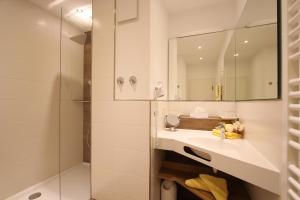 巴特欣德朗Landhotel Berghof的一间带水槽和淋浴的浴室