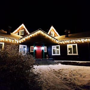 KonchezeroZaykina Dacha的房屋前方有圣诞灯