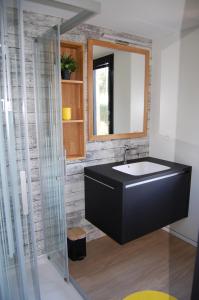 克莱代Tiny House sur la cote bretonne的浴室设有黑色水槽和镜子