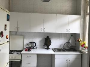 第比利斯Vac Hostel的厨房配有白色橱柜和水槽