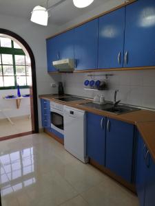 阿格特La Palmita House Flat的厨房配有蓝色橱柜和水槽