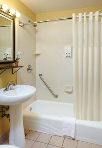 芝加哥Carlton Inn Midway的浴室配有白色浴缸、水槽和淋浴。
