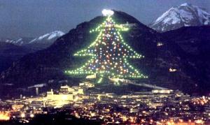 古比奥Agriturismo Countryhouse Le Giare的山头上晚的圣诞树