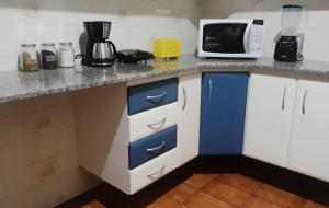 欧鲁普雷图Casa Vermelha的厨房配有蓝白色橱柜和微波炉