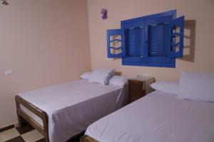 法尤姆Tunis Village Chalet的配有蓝色百叶窗的客房内的两张床
